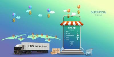 Container truck delivery service order on mobile concept vector