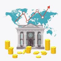 Global economy bank with pile of coins vector