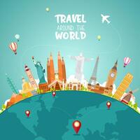 Travel around the world concept with landmarks on globe vector