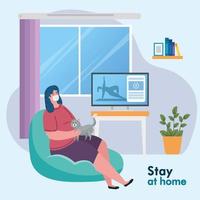 stay home, woman wearing medical mask in living room, quarantine or self isolation vector