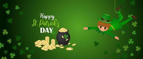 Happy St. Patrick's Day vector illustration with hanging boy and cauldron with coins