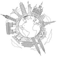 Around the world travel famous landmark doodle art drawing sketch style vector illustrations.