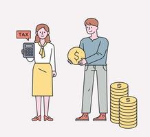 Professionals who manage assets on a deliberate basis. A person standing with a calculator and a person holding a pile of money. flat design style minimal vector illustration.