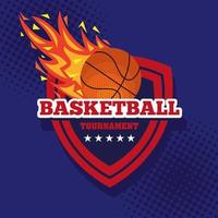 basketball tournament, emblem, design with basketball ball, flame with ball and shield vector