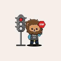 Happy cute lion wearing police uniform and stand beside traffic lamp vector