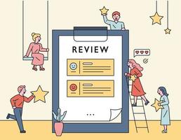 People holding stars around a large review sheet. vector