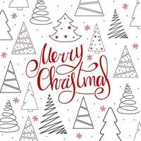 Merry Christmas. Red Handwritten lettering with Christmas trees and snowflakes on a white background. New Year 2022. vector