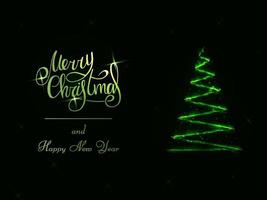 Handwritten green lettering on a dark background. Magic green glowing Christmas tree. Merry Christmas and Happy New Year 2022. vector