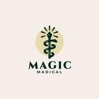 magic medical pharmacy logo design illustration with snake and witch wand symbol vector