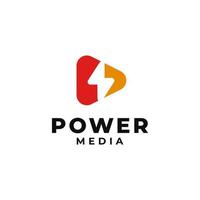 power media logo design illustration with play and lightning symbol vector