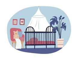 Children s room interior design in hand drawn scandi style. Trendy cute nursery. Children s bed, house plant, armchair, floor lamp and toy. Flat Cartoon vector illustration