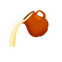 Clay pot. Earthenware jug pours milk. vector