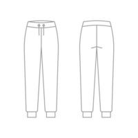 Pants joggers, sport trousers, sweatpants technical drawing, outline template, sketch. Fabric trousers with front, back view. Vector flat illustration