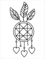 Vector black and white boho dreamcatcher with pendants and feathers. Bohemian line icon isolated on white background. Celestial outline illustration.