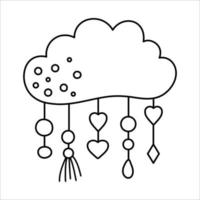 Vector boho black and white cloud with pendants. Bohemian line icon isolated on white background. Celestial ornate outline illustration.