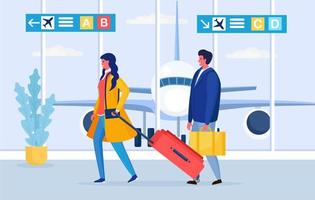 Woman and man with suitcase in the airport. Tourist with bag. People traveling on vacation. Vector design