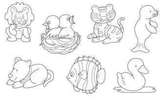 Cute design animal outline vector set 9 , lion dog fish  bird tiger duck seal