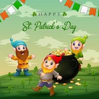 Happy St Patrick's Day background with dwarfs and a pot of gold vector