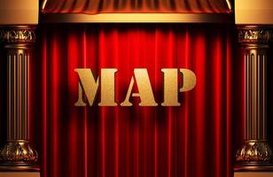 map golden word on red curtain photo