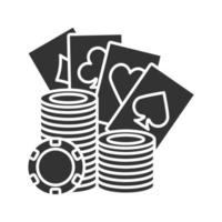 Casino chips stack with playing cards glyph icon. Silhouette symbol. Casino. Poker. Negative space. Vector isolated illustration