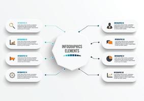 Vector infographic template with 3D paper label, integrated circles. Business concept with 8 options. For content, diagram, flowchart, steps, parts, timeline infographics, workflow, chart.