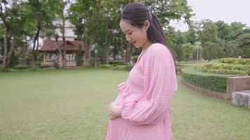 Young beautiful asian pregnant woman in pink dress touching her big pregnant tummy feeling unborn baby inside her womb standing inside the park, awaiting baby, positive emotion. mother's day concept video