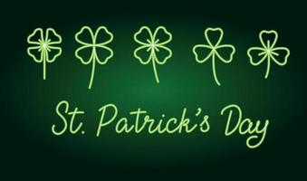 Neon lucky clover leaf, trefoil, four leaves shamrock for party retro green light, for St. Patrick's day. vector