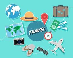 World travel. top view of global map and baggage for vacation. concept of vacation with location symbol, passport, ticket, airplane, luggage, maps, camera, sandal, hat and compass. flat design vector