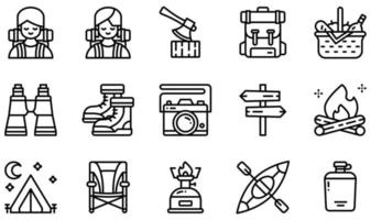 Set of Vector Icons Related to Camping. Contains such Icons as Adventurer, Axe, Backpack, Basket, Boots, Campfire and more.