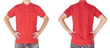 Red polo t-shirt mock up, front and back view, Male model wear plain red shirt mockup isolated white background. Polo shirt design template. photo