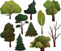 Set with different trees. Tree without leaves, tree with flowers, fir trees, oak, pine, birch vector