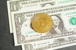 Golden bitcoin on US dollar banknotes money for business and commercial, Digital currency, Virtual cryptocurrency, blockchain technology. photo