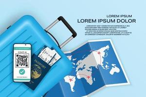 Vector Online heart passsport concept. Save travel documents. Digital certificate vaccine Covic-19 with QR code. Smartphone, World map, Airplane ticket, Blue luggage and passport booking.