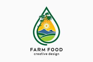 Farm food logo, organic food source illustration. Rice, tree, mountain and sun icons in drops vector