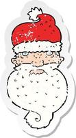 retro distressed sticker of a cartoon grim santa face vector