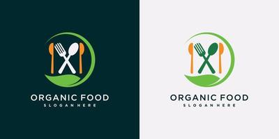 Organic food logo design template for natural fresh food icon with spoon, fork and leaf element vector