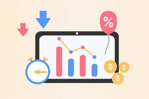 Inflation in economy. Goods and services costs more value. Rising food prices. Loss of purchasing power, increase in consumer prices, fall of currency value, financial crisis. Flat vector illustration