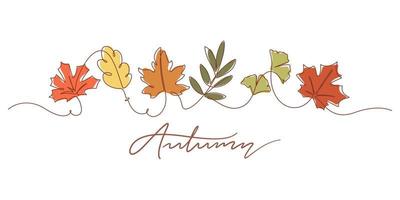 One line drawing of autumn leaves and autumn typography vector