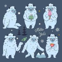 Set of cute funny cartoon yetis. Vector graphics.