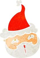 retro cartoon of a male face with beard wearing santa hat vector