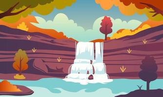 Autumn waterfall panoramic illustration vector. background Falling leaves with forest scene vector