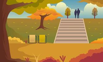 Autumn panoramic illustration vector background. Romantic Couple in falling leaves