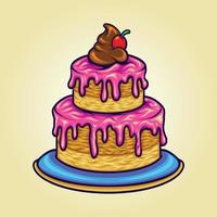 Delicious strawberry birthday cherry cake cartoon illustrations vector