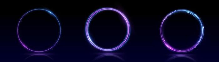 Neon swirl. Curve blue line light effect. Abstract ring background with glowing swirling background. Energy flow tunnel. Blue portal, platform. Magic circle vector. Round frame with light effect vector