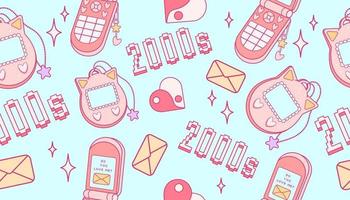 Cute seamless pattern in trendy retro y2k style. Gamer kawaii elements. Old game technology. Glamour 2000s. Nostalgia for 1990s -2000s. vector