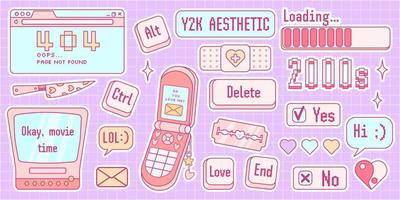 Cute sticker pack in trendy retro y2k style. Kawaii elements set. Glamour 2000s. Nostalgia for 1990s -2000s. vector