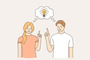 Having idea and solution concept. Young happy couple cartoon characters standing with light bulb between them meaning solved question, creative thinking vector illustration