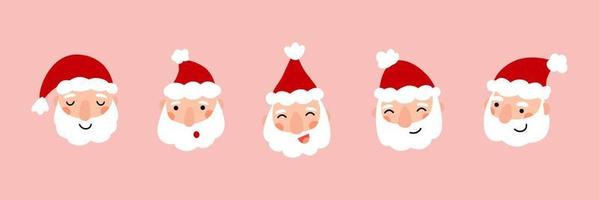 Cute Santa Claus avatars set hand drawn in cartoon style and isolated on pink background. Vector icons with funny Noel heads