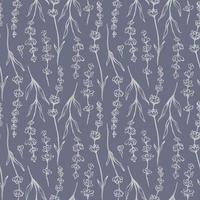 Hand drawn lavender seamless pattern. Light flowers outline silhouettes on pale purple background. vector