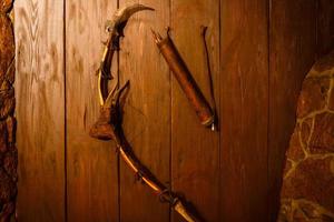 ancient spear and bow isolated on white background photo